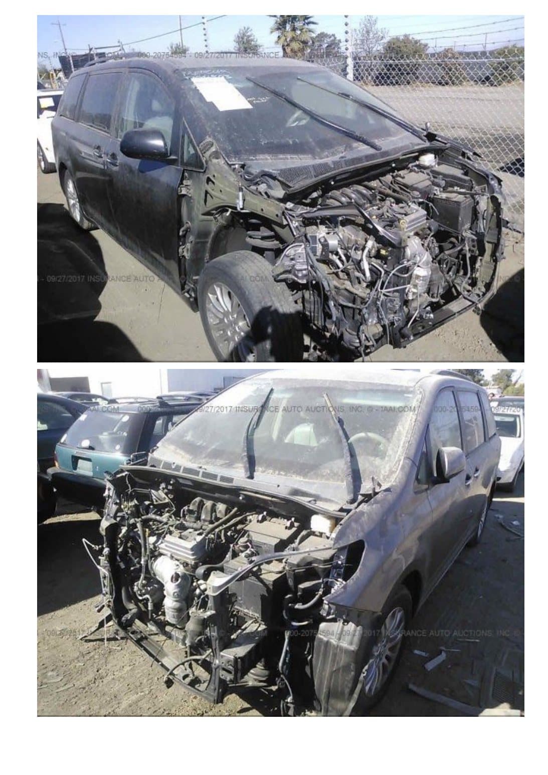 ClearVIN sample report page showing two documented auction photos of front-end damage on the same 2013 Toyota Sienna