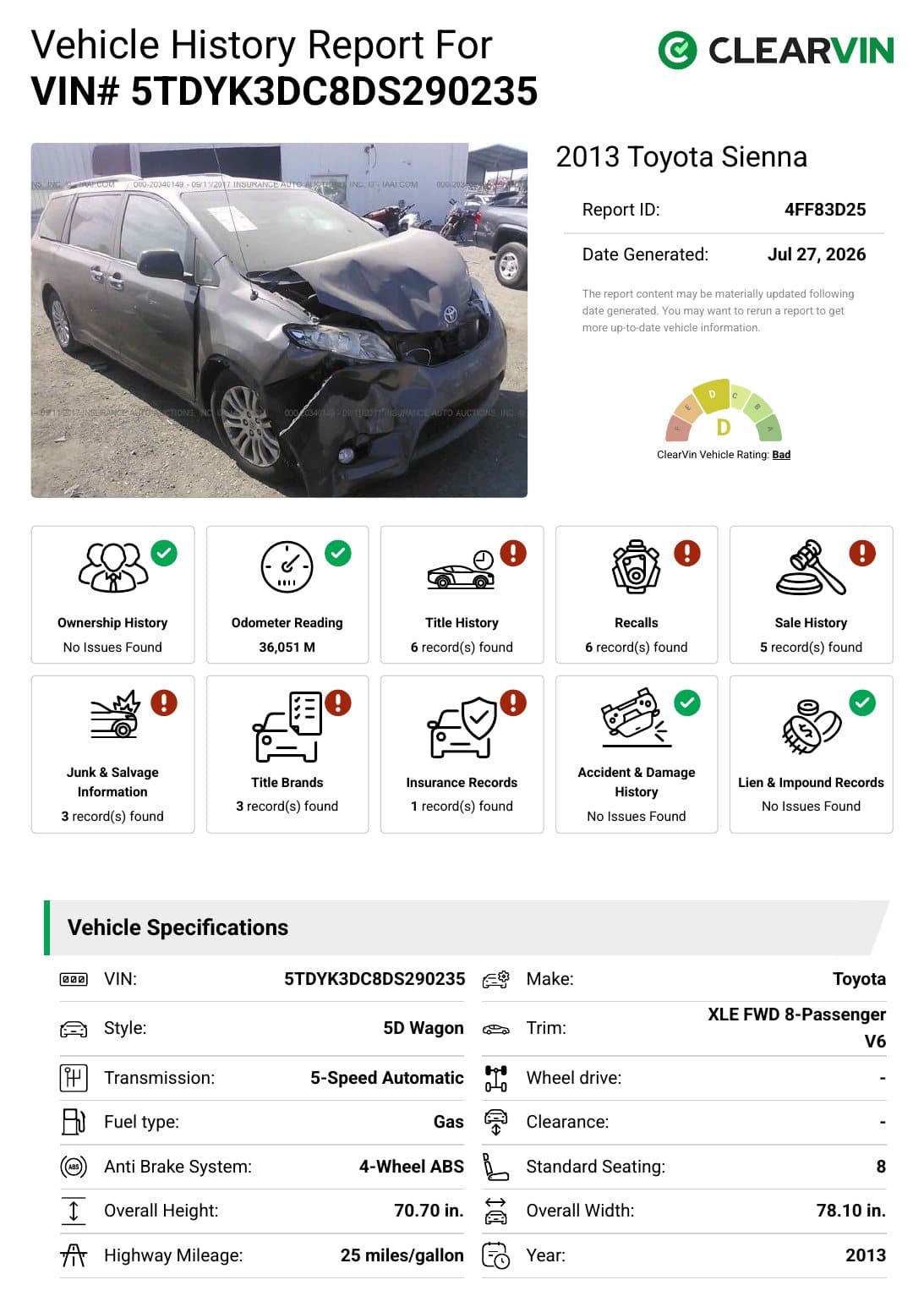 Original provider sample report cover for a 2013 Toyota Sienna