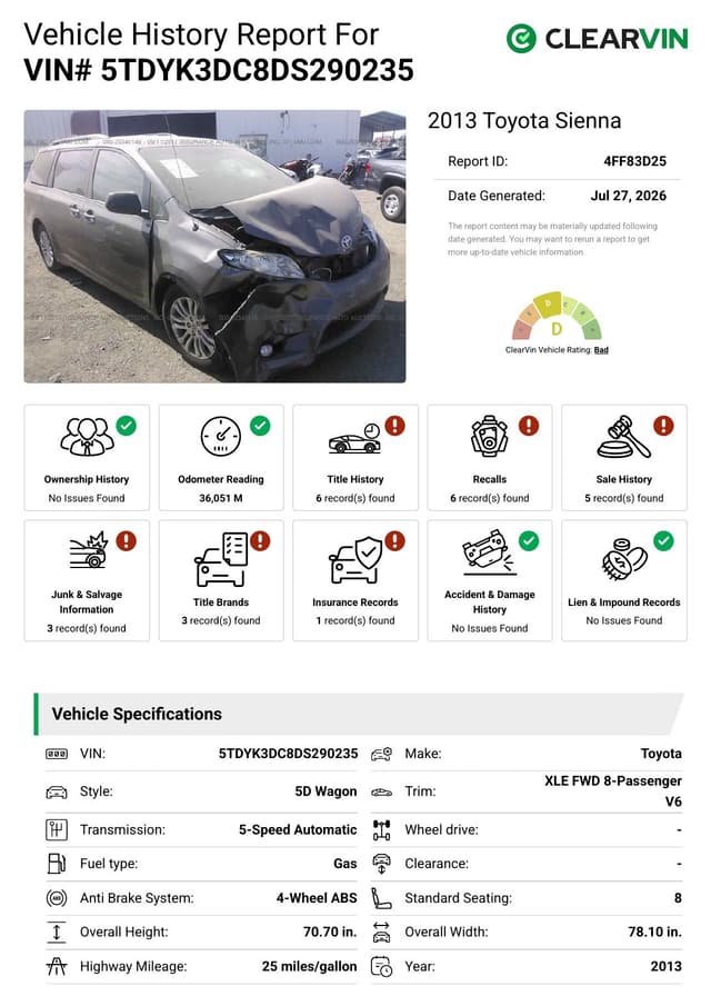 First page of the fixed ClearVIN sample report